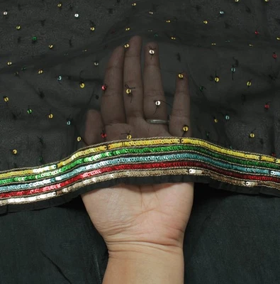 Sushila Vintage Black Saree Blend Georgette Silk Sequins Embroidered Sari Fabric - Imagem 1 de 4