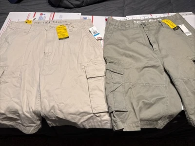 2 Пары новый с Ярлыками Nautica грузовой шорты мужской размер 36 желтовато-коричневый и оливковый - Изображение 1 из 4