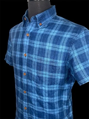 J CREW BAIRD MCNUTT IRISH LINEN BLUE PLAID BUTTON DOWN SHIRT SZ S - Image 1 of 4