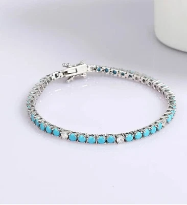 9Ct Round Cut Lab Created Turquoise Women tennis Bracelet 925 Sterling silver - Image 1 of 4