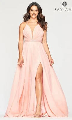 Vestido Formal Faviana Glamour Para Mujer Pastel Largo Línea A Gasa Suave Melocotón Talla 10 Foto 1 de 4