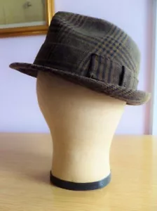 Vintage Fedora Hat Plaid Wool Size 7.25 Trilby Brown Black Rosollino 1960s 1970s - Picture 1 of 11