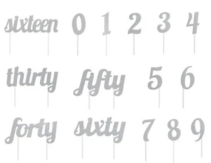 Silver Glitter Party Cake Toppers 0-9 Numbers & Script Ages Thirty Forty Fifty.. - Picture 1 of 16