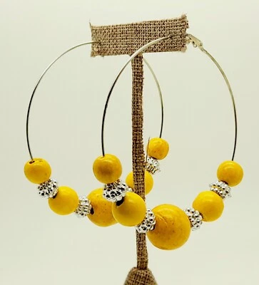 BOHO BIG 3" SIZE YELLOW WOOD & SILVER BEADED HOOP/DROP FASHION JEWELRY EARRINGS - Image 1 of 4