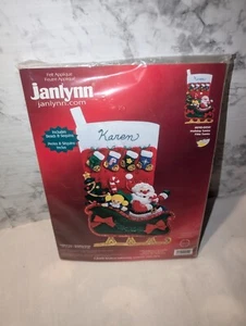 Vintage NOS JANLYNN FELT JEWELED STOCKING KIT SANTA Sleigh 11"x16.5" - Picture 1 of 3