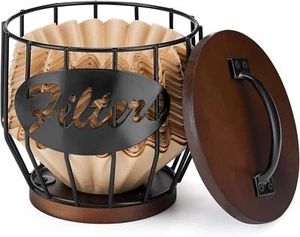 Coffee Filter Holder with Wood LidWood and Metal Coffee Filter Storage Contai... - Picture 1 of 3
