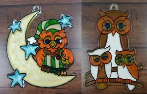 Vtg 1970's 80'S Owl Perched Moon Plastic Suncatcher Lot Clean & Crack Free 4.5'' - Picture 1 of 6