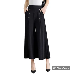 Women's DoubleBreasted High Elastic Waisted Dressy Casual Wide Leg Cropped Capri - Picture 1 of 4