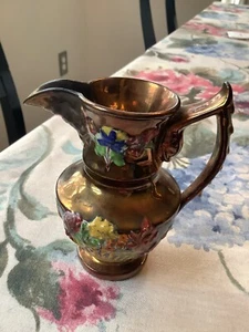 Antique Copper Luster Pitcher Creamer England Lusterware Raised Flowers c.19th - Picture 1 of 9