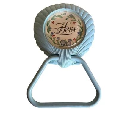 Винтажный синий пластиковый цветочный его ее полотенце настенная вешалка набор из 2 - Изображение 1 из 4