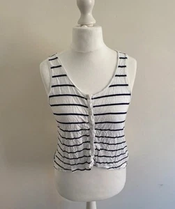 H&M Top Womens UK 12 White Stripe Crop Button Front Tank Summer Festival Holiday - Picture 1 of 4