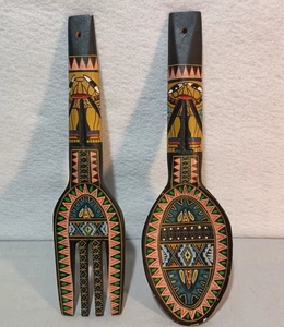 Aztec Tiki Handpainted Wood Fork & Spoon Tribal Wall Hangings Vintage Numbered - Picture 1 of 10