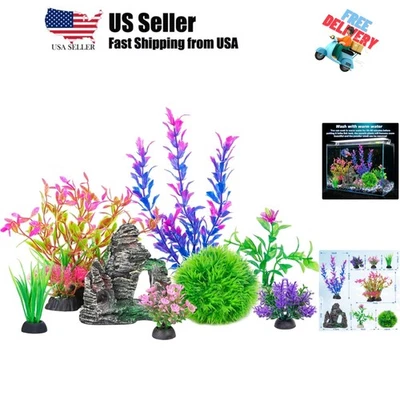 Conjunto de decoraciones de plantas de plástico artificial para acuario y decoración de cuevas de roca Goldfi... Foto 1 de 4