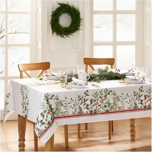 Elrene Home Fashions White Winter Holiday Berry Fabric Tablecloth 60X84 - Picture 1 of 2