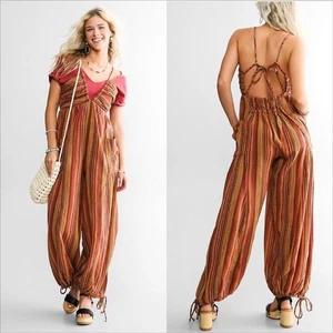 Free People Sundaze For Surfin Jumpsuit Size Small Red Clay Combo Balloon Leg - Picture 1 of 10