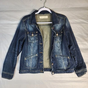 Fashion Bug Women's Medium Blue Denim Jean Jacket Distressed Pockets Button Up - Picture 1 of 8