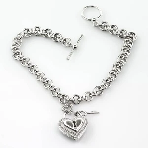 0.50 CT. GENUINE DIAMOND HEART & KEY CHARM ROLO LINK BRACELET TOGGLE STERLING 7" - Picture 1 of 6