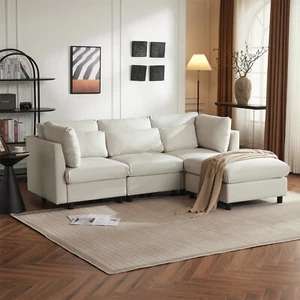 3-Sitzer Sofa mit Ottomane Modernes Ecksofa Couch Schlafcouch L-Form Sofa Beige - Bild 1 von 14