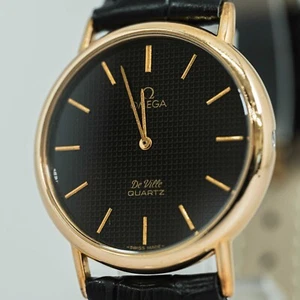 *NEAR MINT* Vintage OMEGA De Ville Cal.1351 Quartz Push Crown Gold × Black Men's - Picture 1 of 17
