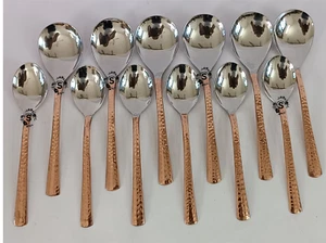 6 Dessert Spoon, 6 Serving Spoon Copper Stainless Steel Tableware Cutlery 12 Pes - Picture 1 of 9