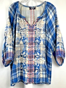 JOHNNY WAS Surya blau creme weiß rot bestickt 3/4 Arm Boho Tunika Bluse L - Bild 1 von 14