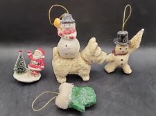 5 Teena Flanner Folk Art White Terrier 2 Snowman Wobbly Santa Glove Ornaments
