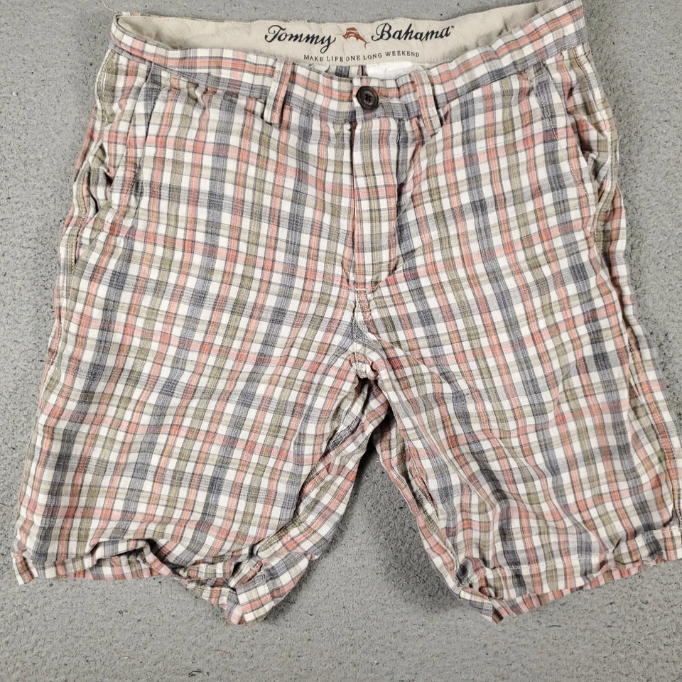 Pantalones Cortos Tommy Bahama Para Hombre Talla 30 Naranja Azul Lino a Cuadros Informales Frente Plano Chino Foto 1 de 4