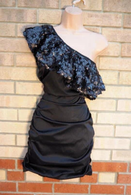 Rare black sequin one shoulder ruched ruched satin bodycon party prom dress 10 S - Image 1 of 4