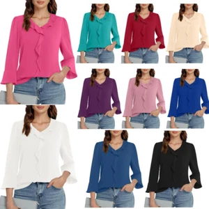 Womens Tops V Neck Dressy Casual Blouses 3/4 Length Sleeve Work Business Shirts - Picture 1 of 71