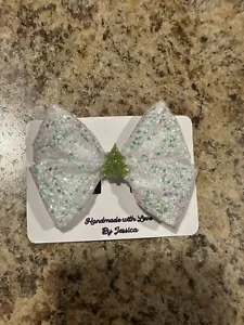 Girls White Glitter Christmas Tree Hair Bow - Picture 1 of 2