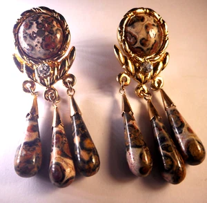 Goldtone Jasper Rhinestone Post Dangle Fancy Fashion Earrings 2" - Picture 1 of 10