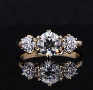 1 Ct Round Cut Moissainite Three Stone Engagement Ring Solid 14k Yellow Gold - Picture 1 of 6