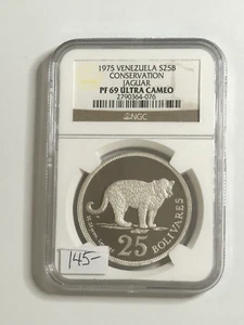 1975 Venezuela 25 Bolivares Conservation Jaguar .999 Coin PF 69 Ultra Cameo NGC - Picture 1 of 2