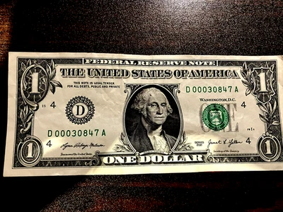 Low Number Dollar Fancy Serial Number D 00030847 A - Image 1 of 2