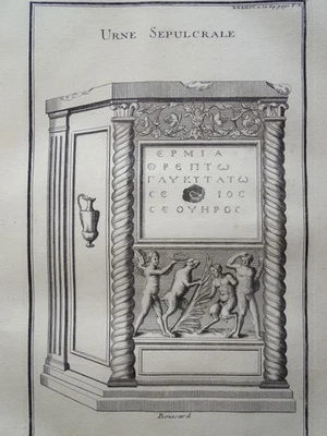 Asche- Urne Antike röm. Gefäß Mythologie Satyr Relie Montfaucon Kupferstich 1722 - Bild 1 von 2