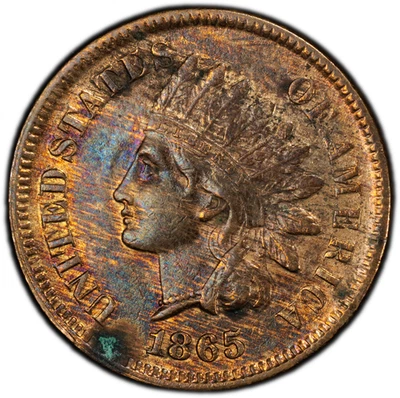 1865 Indian Head Cent - PCGS Genuine Env. Damage AU Detail Rainbow FANCY 5 - Image 1 of 2