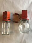 two antique Vintage  kitchen glass and red metal grinders Wooden Handles