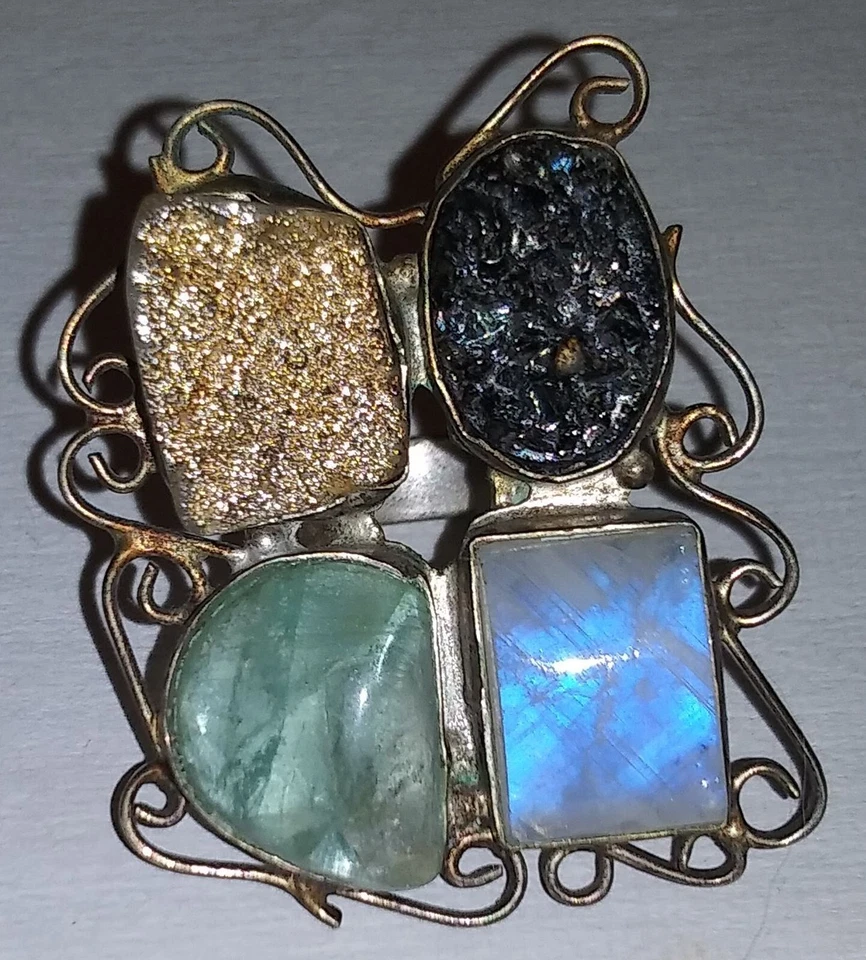 MONSTER Drusy quartz ring moonstone agate size 6 gold and black Drusy HUGE ring! - Image 1 of 4