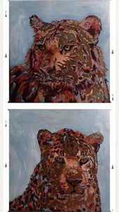 Wandbilder 2er Set ungerahmte 8" x 8" LEINWÄNDE, "GOLDENER" TIGER & LEOPARD mit BLAU - Bild 1 von 7