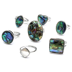 Natural Abalone Shell Ring Energy Reiki Healing Amulet Adjustable Silver Plated - Picture 1 of 18