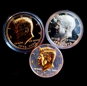 Three Cameo Proof Kennedy 1/2 Dollars 40% Silver, Gold & Silver Plated