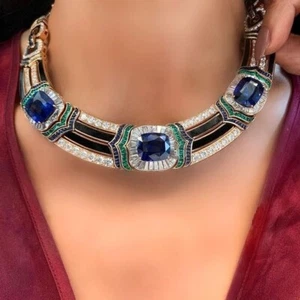 Lab Created Blue Cushion and Emerald Collar Necklace Silver High Wedding Jewelry - Picture 1 of 9