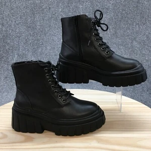 Forever21 Boots Womens 7 Ankle Chunky Booties 00485022 Black Leather Lace Up Zip - Picture 1 of 15
