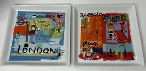 Crate & Barrel Appetizer Plates (2) World Travel London Barcelona 6” Square - Picture 1 of 11