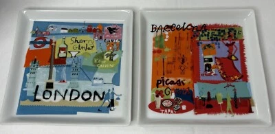 Crate & Barrel Appetizer Plates (2) World Travel London Barcelona 6” Square - Image 1 of 4