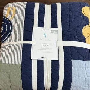 POTTERY BARN KIDS ALL-STAR SPORTS PATCHWORK QUILT F/Q 86" SQ ~NAVY MULTI - Picture 1 of 10