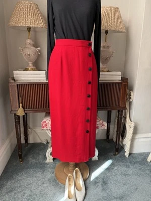 Vintage Skirt Red Wool Crepe Pencil Long Jaeger 80s W26” L36” Buttons - Image 1 of 4