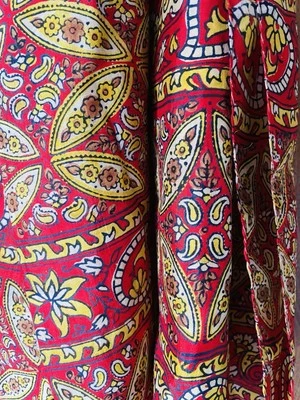 Vintage 70s Boho Hippy Red Yellow Floral Paisley Block Print Silk Scarf Large - image 1 of 4
