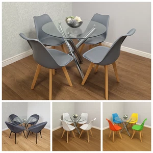 Round Glass Dining Table & 4 Chairs Set Dining Room Furniture Set - Picture 1 of 13
