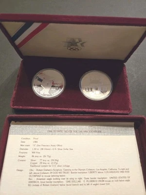 1983-1984 S PROOF US Mint Los Angeles Olympics Silver Dollar 2-Coin Set OGP COA - Image 1 of 4
